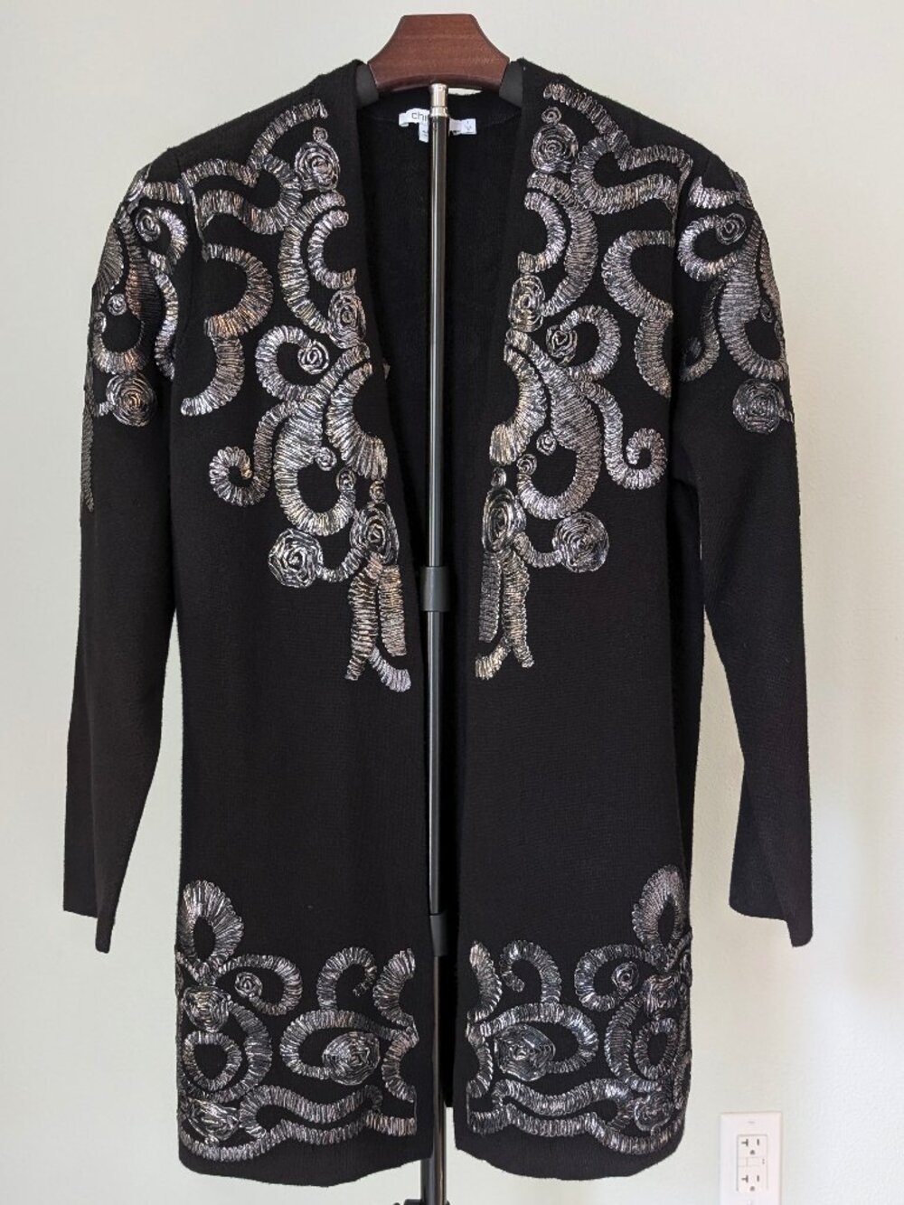 Chico's Open Front Black Silver Metallic Embellished Cardigan Soutache Sz 1, Med